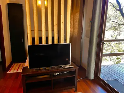 Una televisión o centro de entretenimiento en Cabaña El Valle