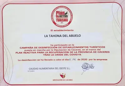 Certificado, premio, señal o documento que está expuesto en Casa rural La Tahona del abuelo TR CC 00344