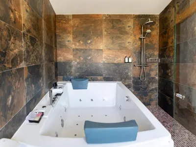 Un baño de Apartamentos rurales Posada de Monfragüe con jacuzzi