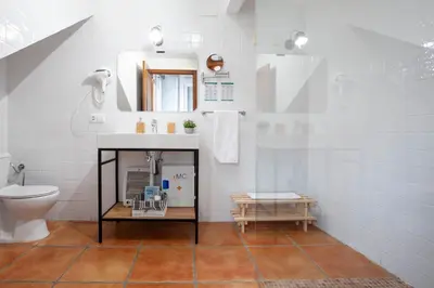 Un baño de Casa Rural La Salamandrija- con chimenea, patio y barbacoa